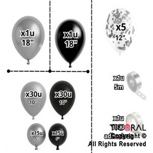 SET DE GLOBOS ARCO XL ESFERA NEGRO Y PLATA LA757 103 UNIDADES